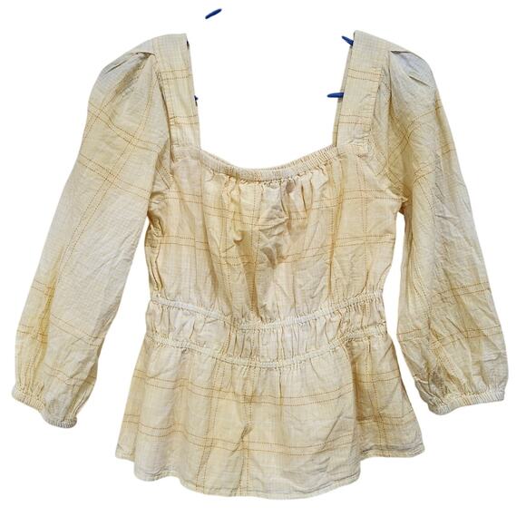 Free Assembly 3/4 Sleeve Square Neck Top Peplum Hem Cadmium Yellow Plaid Size XS - Picture 4 of 10